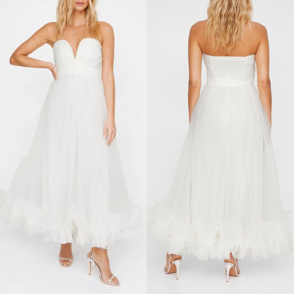 NEW NASTY GAL Ivory STRAPLESS Plunge Neck TULLE Bandeau RUFFLE Hem MIDI DRESS 6
